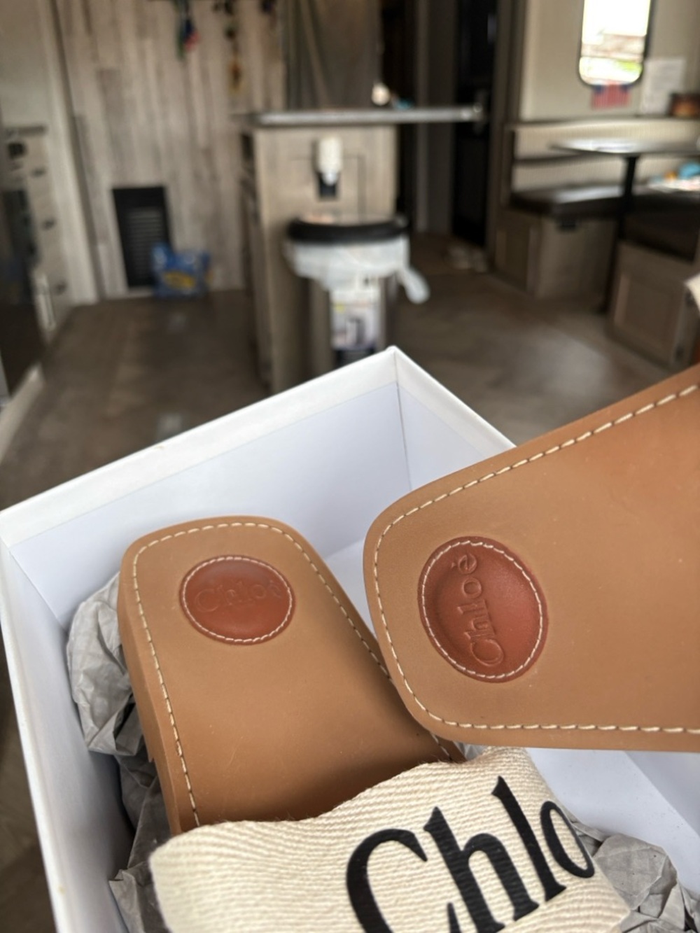 Beige Chloe Canvas Logo Slide Sandals - Womens - Picture 2 of 3